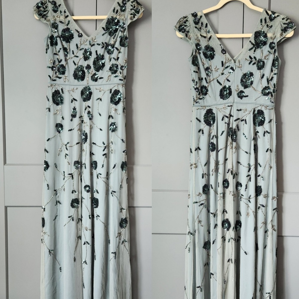 Adrianna Papell Sequin Floral Beaded Gown Sage Blue Gray Mesh Maxi Event Dress 4